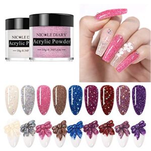 NICOLE DIARY Nail Acrylic Powder Set – 9 Colors Dip Powder Pink White Glitters Acrylic Dip Powder Extension Carved Flower Powder For Nail Extension Acrylic Powder