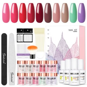 Shelloloh Dip Powder Nail Kit Starter Kit 10 Color Dipping Powder System Essential Liquid Set Base Top Coat Activator French Nail Art Manicure Set