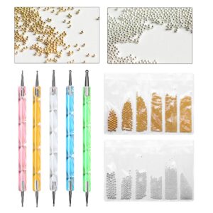 Vastitude 3D Gold Mini Metal Nail Art Metallic Caviar Nail Beads Mixed Size Rhinestones for Acrylic Nails with 5 PC 2 Way Dotting Pen Tool Nail Art Tip Dot Paint Manicure Kit