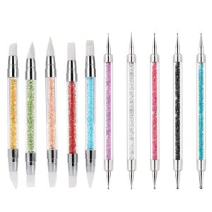 MEILINDS 5PCS Dual-Ended Dotting Pen Tool Nail Art DIY Rhinestones Picker and 5PCS Dual Tipped Silicone Nail Polish Nail Tool Rhinestone Carving Pen Rubber Tip Nail Brushes