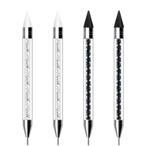 4PCS Rhinestone Picker Dotting Tool, Dual-Ended Rhinestone Applicator Tool Wax Pen Pencil for Nail Art Gemstones Crystals DIY Nail Art Crafts（Black, White)