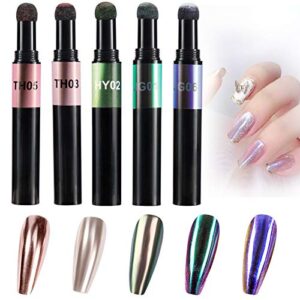 5 Pcs Magic Chrome Nail Powder Pen- Holographic Air Cushion Glitter Nail Pen Unicorn Mirror Effect Sponge Stick Magic Powder Pen for DIY Manicure Art Decoration Nail Salon and Eyeshadow (Phantom)
