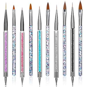Senignol Nail Art Liner Brush Pen (10PCS) Acrylic Nail Brush Set Professional Salon Nail Art Brushes Double Ended Dotting Tools Pen Gel Nail Painting Brush, with Liquid Glitter Handle