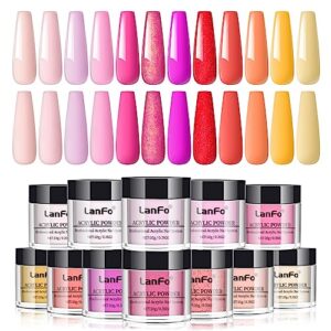 LanFo 12 Colors Acrylic Nail Powder Set for Spring Summer Yellow Pink Purple Glitter Acrylic Powder Set for Nail Extension Nail Carving No Nail Lamp Needed