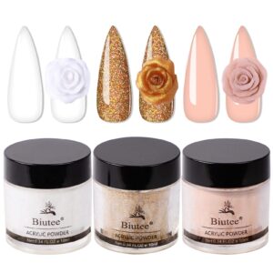 Biutee Nail Acrylic Powder 3 Colors Nail Ｃrystal Powder Acrylic Nail Powder Nail Art Powder for Nail Extension and 3D Nail Art Design No Need Lamp
