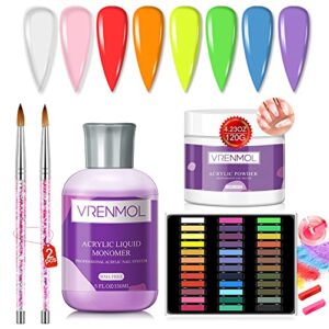 Vrenmol 36 Colorful Nail Chalks for Acrylic Powder>150ml Acrylic Monomer>120g Clear Acrylic Powder> 2pcs Acrylic Nail Brush for DIY Nail Art Set