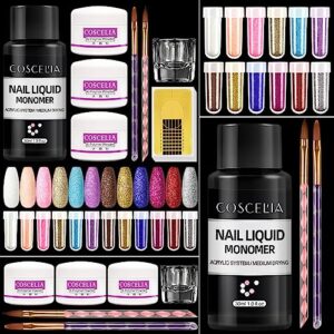 Acrylic Nail Kit for Beginner Acrylic Liquid Monomer Powder White Pink Clear and 12Pcs Glitter Powder Set Nail Extension Manicure Nail Tool for Nail Art DIY Starter Professional Nail Salon
