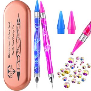Resin Nail Rhinestone Picker Dotting Tool, 2 Pieces Dual Ended DIY Nail Art Tool, Polish Resin Pencil for Rhinestones with Metal Box, Diamond Rhinestone Picker Pen Nail Art Tools Kit (Fresh Pattern)
