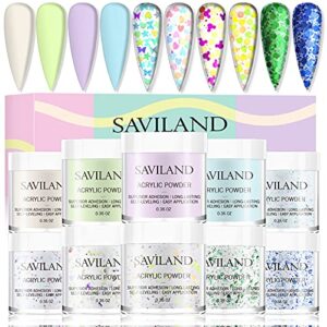 Saviland Acrylic Powder Set – 10 Colors Professional Polymer Powders with Sequins> Green> Blue> Yellow> Colored Acrylic Nail Powder for Nails Extension & 3D Nail Carving