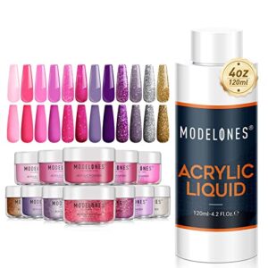 Modelones 12 Colors Pink Glitter Acrylic Powder & 4oz/120ml Monomer Acrylic Nail Liquid – Acrylic Powder Acrylic Nail Art Nail Extension> Medium Drying> Non-Yellow