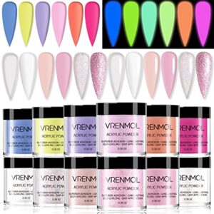 Vrenmol 12 Colors Acrylic Powder Set – Glow in The Dark Acrylic Powder & Glitter Acrylic Powder for Nail Extension and 3D Nail Art Design No Need Nail Lamp