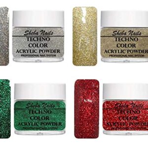 SHEBA NAILS ACRYLIC Powder FESTIVE VARIETY KIT – 1oz Jar each Sparkling Holo Silver> Sparkling Holo Gold> Sparkling Emerald Green> and Sparkling Ruby Red