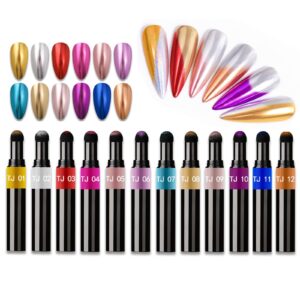 MKNZOME 12 Pcs Chrome Nail Powder Pen Chrome Powder for Gel Nails Metallic Mirror Effect Holographic Aurora Pigment Glitter for Gel Polish Nail Art Decoration Nail Accessories Manicure Tool Nails DIY