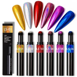 Joyeee Air Cushion Nail Powder Pen>6 Pcs Long Lasting Holographic Mirror Effects Nail Manicure Cushion Magic Pen Laser Phantom Glitter Chrome Nail Powder Aurora Pearlescent Manicure 0.5g/Box