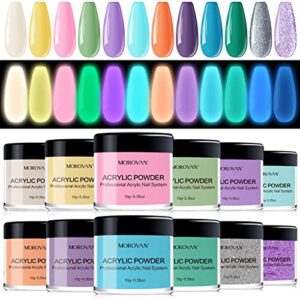 Morovan Acrylic Powder Set – 12 Colors Acrylic Powder Glow in the Dark Acrylic Nail Powder Luminous Professional Polymer Powder for Acrylic Nail Extension Carving