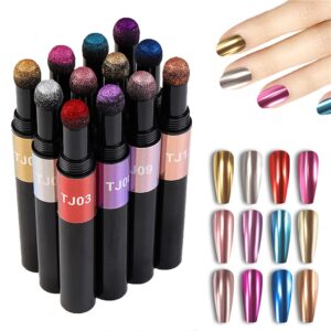 Chrome Powder Pen for Nails PTGMH 12 Colors Nail Art Pen Nail Polish Pens Air Cushion Mirror Nail Powder Pigments for Nails Nail Decorations (multicolor)