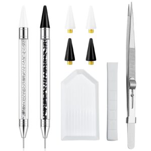 LIGHT RAIN Rhinestone Picker Tool – 2 Pcs Dual-head Pen with 4 Wax Tip, and Precision Jewelry Tweezers Kit for Pick Up Nail Art Gems, Stone, Crystals and Nail Charms