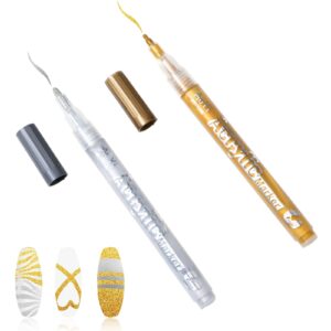 Amabro 3D Nail Art Pens>2pcs Acrylic Nail Drawing Markers Quick Dry 1mm Fine Tip Nail Art Graffiti Pen Nail Polish Brush Pen for Draw Point Lines Nails Art Design Manicure Tools(Gold>Silver)