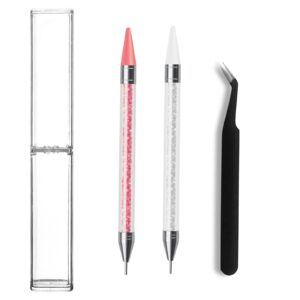 Generic 2 Pcs Rhinestone Picker Tool, Dual-ended Rhinestone Pickup Tool with 1 Tweezer for Nail Gems Crystal Beads Handle Manicure Acrylic Nail Art DIY Decoration Tool (White Red)