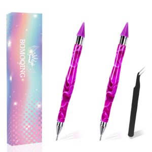 BOMOQING Nail Rhinestone Picker Dotting Tool, 2 Pack Dual-Ended Wax Pen Rhinestone Picker with 1Pcs Tweezer, gem picker tool Nail Art Tools Set for Nail Art DIY Decoration Purple