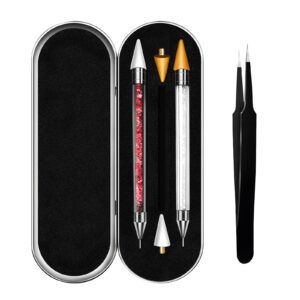 Rhinestone Picker Tool Wax Pencil for Rhinestones Diamond Painting Dotting Pen 2pcs Dual-Ended Rhinestones Pen with 2 Extra Wax Tips and 1 Nail Art Tweezer
