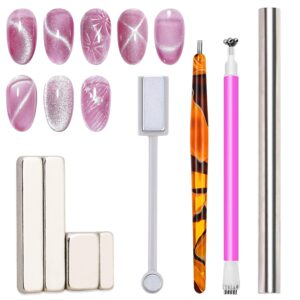 JERCLITY 8 Pieces Cat Eye Magnet for Nails Lengthen Double Ended Cylindrical Nail Magnet Nail Magnetic Stick Flower Nail Magnet Pen Small Rectangular Nail Magnet Set for Cat Eye Gel Polish Nail Art