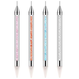 BTYMS 4pcs DIY Nail Art Pens Rhinestone Picker Dotting Pen Dual-ended Nail Rhinestone Picker Beads Picker Wax Nail Pen with Crystal Acrylic Handle Manicure Pedicure Nail Art Tool