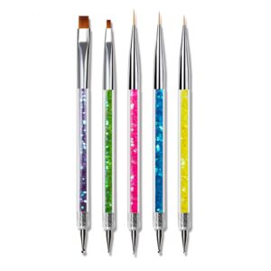 SINEN 5 Pcs Double Ended Nail Design Brushes Uv Gel Nail Brush Drill Manicure Pen Nail Polish Pen Interior Brush Tool Nail Painting Brush Pen Set for Home DIY and Salon with Shiny Handles