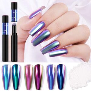 Major Dijit Air Cushion Chrome Nail Powder Pen 3 Color Set>Holographic Mirror Laser Rainbow Effect>Nail Art Powder Decoration Pen>with 10 Sheet Nail Pliosh Remover Wipes