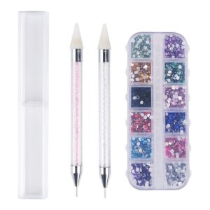 WBCBEC 2 Pieces Rhinestone Picker Dotting Pen Dual-ended Rhinestone Gems Crystals Studs Picker Wax Pencil Pen Crystal Beads Handle Manicure Nail Art DIY Decoration Tool with 2400 Pcs Rhinestones