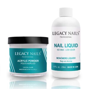LEGACY NAILS – Crystal Clear Acrylic Powder 8oz AND Nail Sculpting Liquid Monomer 8oz – Medium Setting Time – MMA-free – Superior Adhesion – Natural Finish