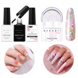 Makartt Mixed Glitter Acrylic Powder and Base Top Coat Nail Strengthener Kit Bundle> Acrylic Nail Powder for Extension Carving French Manicure> Long Lasting Shiney Base Top Coat Nail Strengthner