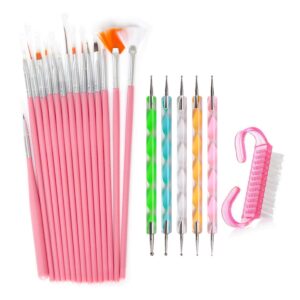 15pcs Nail Art Tools Set, 15pcs Painting Brushes 5pcs Dotting Pen 1pcs Fingernail Scrub Cleaning Brush for Nail Decoration Manicure (Pink)
