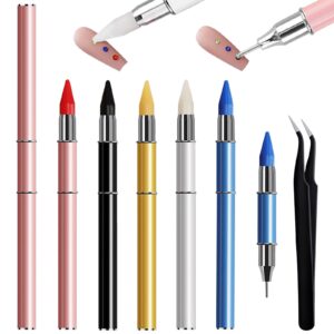 SILPECWEE Rhinestone Picker Dotting Pen, 5PCS Dual-ended Nail Dotting Tool with 1PC Tweezers Rhinestone Gems Crystals Stud Diamond Wax Pencil Pick up Tool for DIY Manicure Nail Art Crafts