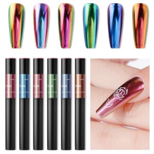 Joyeee Air Cushion Nail Powder Pen>6 Pcs Long Lasting Holographic Mirror Effects Nail Manicure Cushion Magic Pen Laser Phantom Glitter Chrome Nail Powder Chameleon Pearlescent Manicure 0.2g/Box