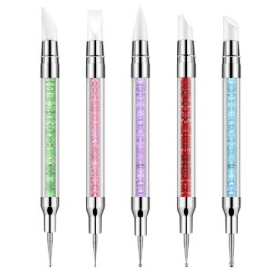 BTYMS 5 Pieces DIY Nail Art Pens Rhinestone Picker Dotting Pen Dual-ended Nail Rhinestone Picker Beads Picker Wax Nail Pen with Crystal Acrylic Handle Manicure Pedicure Nail Art Tool