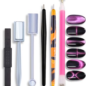 SILPECWEE 6Pcs Nail Art Magnetic Pen Set 3D Cat Eye Design Dual-Ended Magnet Wand Gel Nail Polish Magic Manicure DIY&Salon Tools