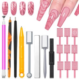 JERCLITY 17 Pieces Cat Eye Magnet for Nails Double-Ended Nail Magnet Stick for Nail Art Flower Cat Eye Magnetic Pen Pink Line Stripe Magnetic for Cat Eye Gel Polish Nail Art