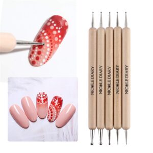 NICOLE DIARY Dual-ended Nail Dotting Pen 2 Way Dotting Marbleizing Tool with Wooden Handle Nail Art Design DIY Painting Drawing Manicure Tool Set (5 Pcs)