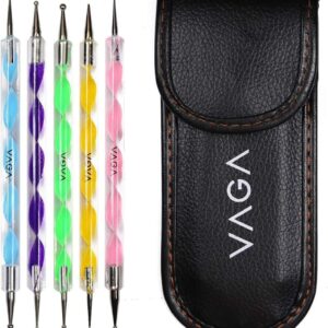 VAGA Mandala Dotting Tools for Nails Premium Quality Professional Nail Kit of 5 Colorful Double Ended Nail Art Dot and Marbling Tools Accessories with 10 Dot Sizes Packed in A Black Pu Case