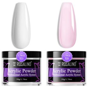 ROSALIND Pink Opal Acrylic Powder Set> 2pcs * 50g/1.76oz Soft Pink Acrylic Nail Powder for Nail Acrylic Extension> Professional Polymer Nail Powder Acrylic White Pink Nail Caving No Nail Lamp Needed