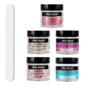 Mia Secret Professional Acrylic Nail System> Acrylic Set> 5 Colors Kit. Clear/Pink/Cover Beige/Cover Pink/Cover Rose – 1 Oz. – Strong and Ultra Shine Nails Acrylic Nail Kit> Included Nail File