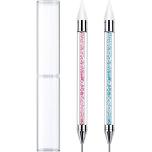 2 Pieces Rhinestone Picker Dotting Pen, Dual-ended Rhinestone Gems Crystals Studs Picker Wax Pencil Pen Crystal Beads Handle Manicure Nail Art DIY Decoration Tool (Light Blue Pink)