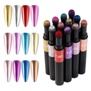 PTGMH 12 Pcs Nail Art Pen Nail Polish Pen Chrome Nail Powder Holographic Powder Mirror Effects Air Cushion Magic Pen Nail Art Decoration Nail Art Kit (Colorful (12 Pcs))