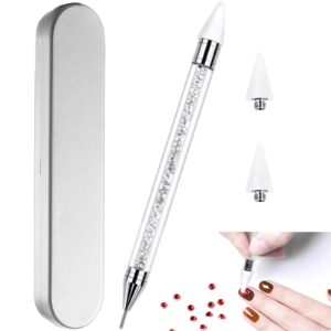 Nail Rhinestone Picker Dotting Tool with Extra 2 Wax Head, Dual-ended DIY Nail Art Tool With Pink Acrylic Handle (WHITE)