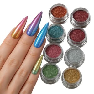 10 Colors Holographic Nail Powder Set – Aurora Mirror Effect Chrome Pigment Dust for DIY Nail Art> Shiny Glitter Powder for Manicure> Suitable for Gel and Acrylic Nails
