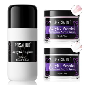 ROSALIND Pink Opal Acrylic Powder Set> 2pcs * 50g/1.76oz Soft Pink Acrylic Nail Powder with Acrylic Liquid> Professional Polymer Nail Powder Acrylic White Pink Nail Caving No Nail Lamp Needed