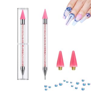 SUKPSY 1 PCS Nail Art Rhinestone Picker Dotting Pen ,Double Ended Wax Pencil Pen Dotting Tools with 2 Extra Wax Tips, Acrylic Manicure Decoration Tool for Rhinestone Gems Crystals Studs Picker (Pink
