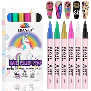 EBANKU Nail Art Pens Set>6 Colors 0.7MM Nail Polish Pens Quick-Drying Nail Art Acrylic Paint Pen Point Dotting Liner Pen Nail Drawing Painting Manicure Tools for 3D Salon Home