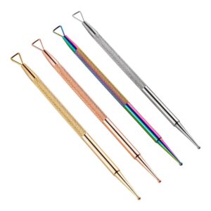 Outanaya 4pcs Stainless Steel Triangle Cuticle Pusher Peeler Nail Art Tool Set Gel Polish Remover Rose Handle for Home Salon Use